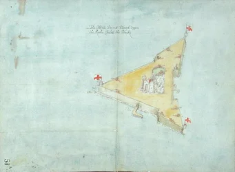 O Castell Perrott Colocado Uppon o Rocke Cauled the Stacke, c.1597-1601 (wc, lápis e caneta e tinta em papel com linho)